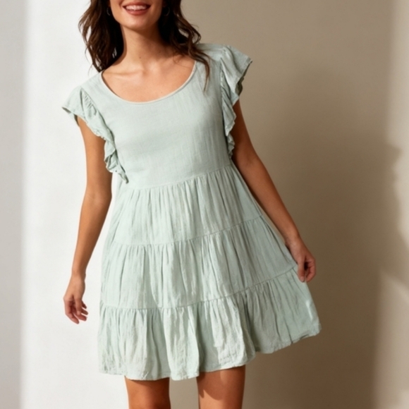 Promesa Dresses & Skirts - Promesa Light Blue Tiered Mini Dress Size M Ruffle Sleeve Boho Summer Dress